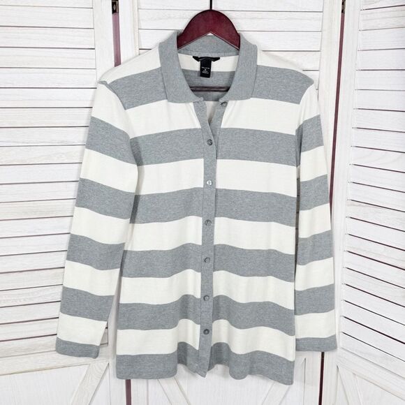 Moda International Rugby Stripes Button Front Cardigan Sweater Grey White Medium - Picture 7 of 11